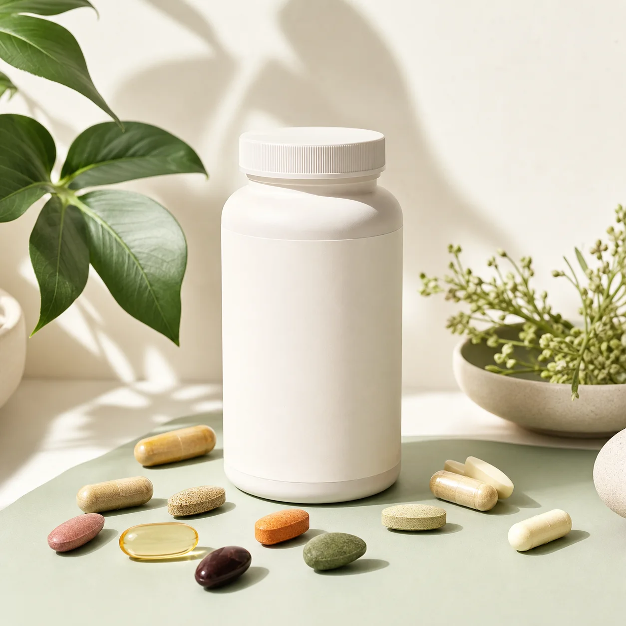 Generic white multivitamin bottle with assorted tablets and capsules