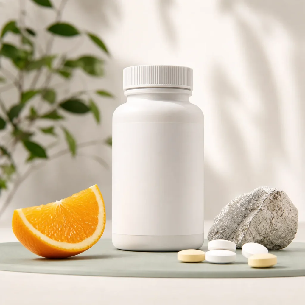 Generic vitamin bottle with tablets, orange and mineral accent