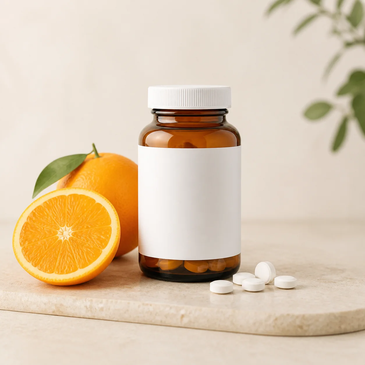 Generic amber vitamin bottle with white tablets and oranges